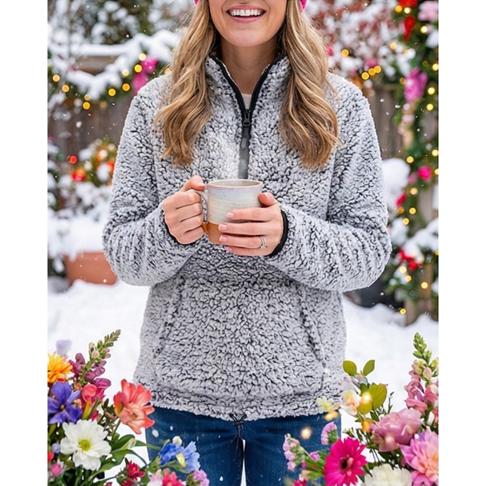 PINK Victoria's Secret M Soft Sherpa Pullover‎ 1/4 Zip Women's Gray Sweatshirt